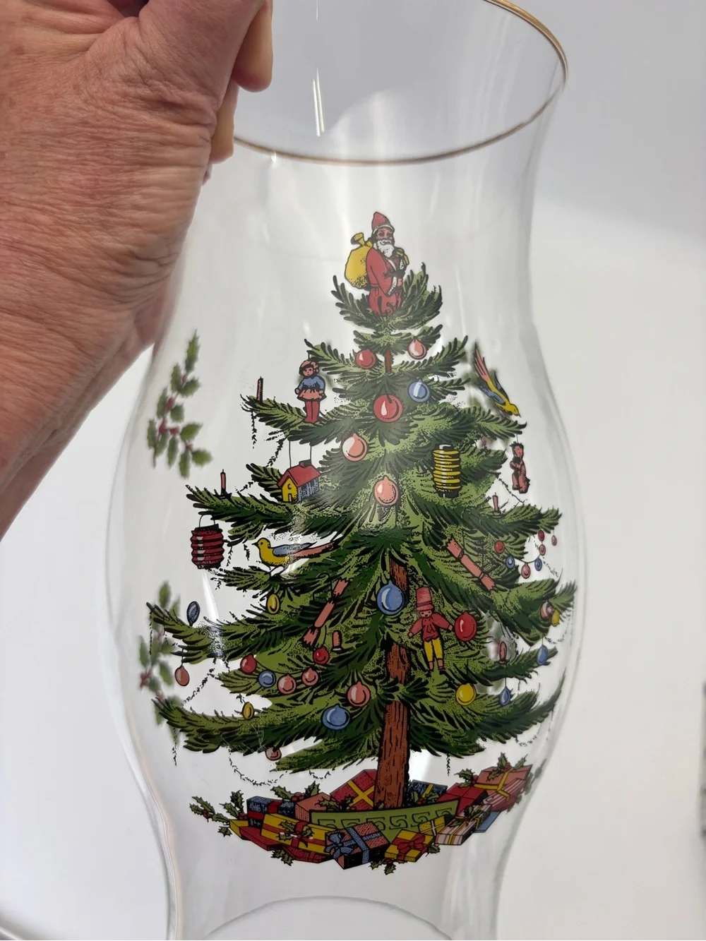 Large Spode Christmas Tree Glass Hurricane with Gold Rim